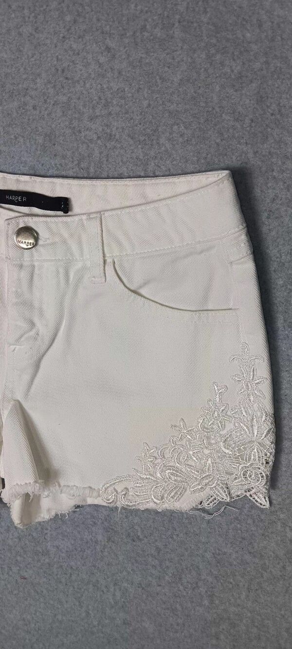 Harper Lace Trim Denim Shorts Womens 25 White Distressed Festival Boho Coquette - Picture 4 of 12